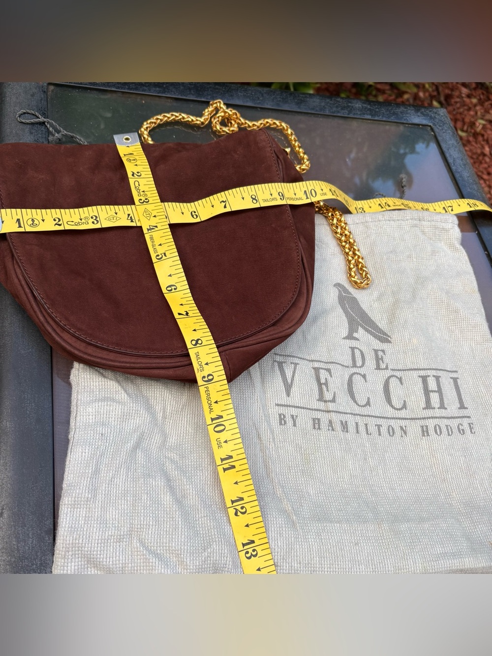 Vintage De Vecchi Italy Suede Crossbody Bag Brown Gold Chain Saddle Bag Luxe - Picture 6 of 6